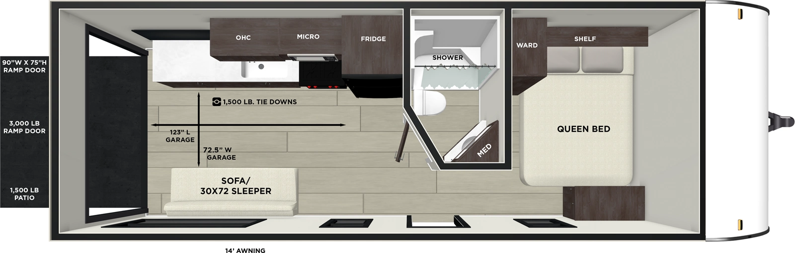 The Salem FSX 189RTK floorplan is a toy hauler that has one entry and zero slide outs. Exterior features include: metal exterior and 14' awning. Interiors features include: front bedroom.